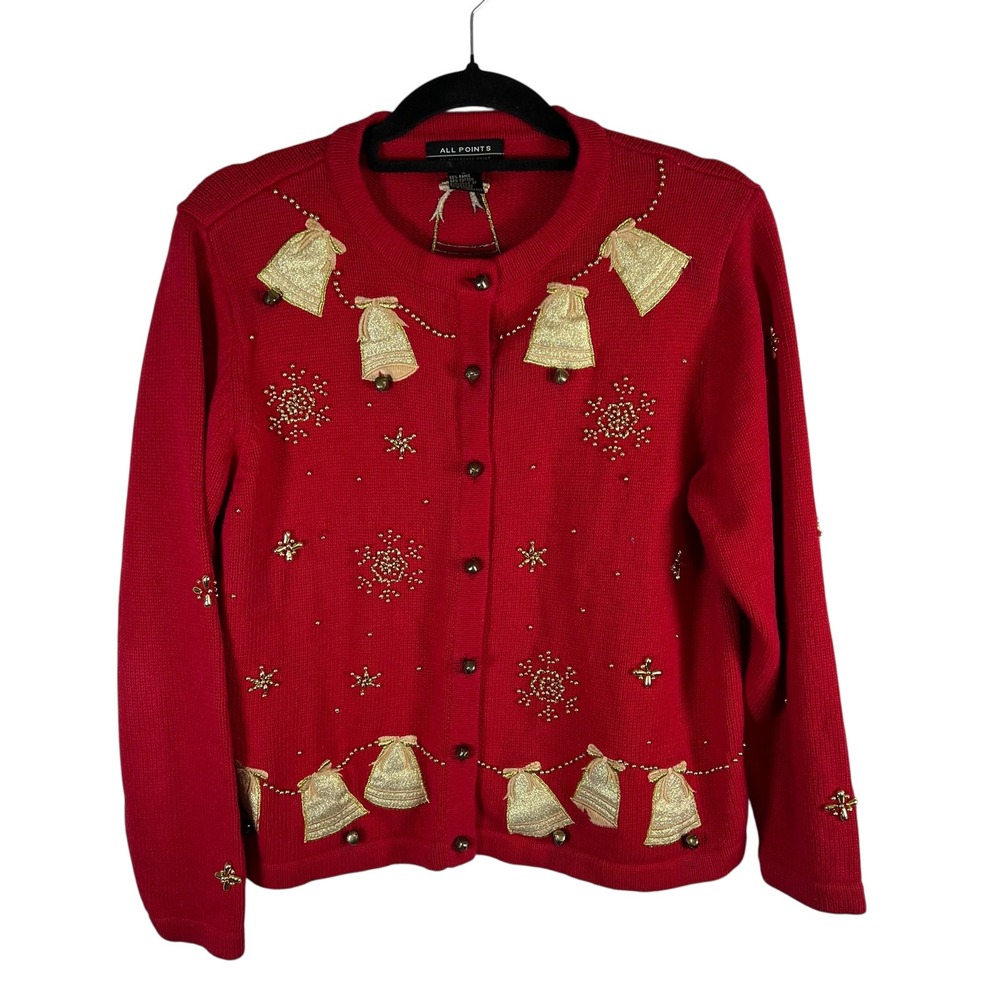 All Points Red Christmas Cardigan Sweater‎ Gold Bells Beaded Snowflakes Large